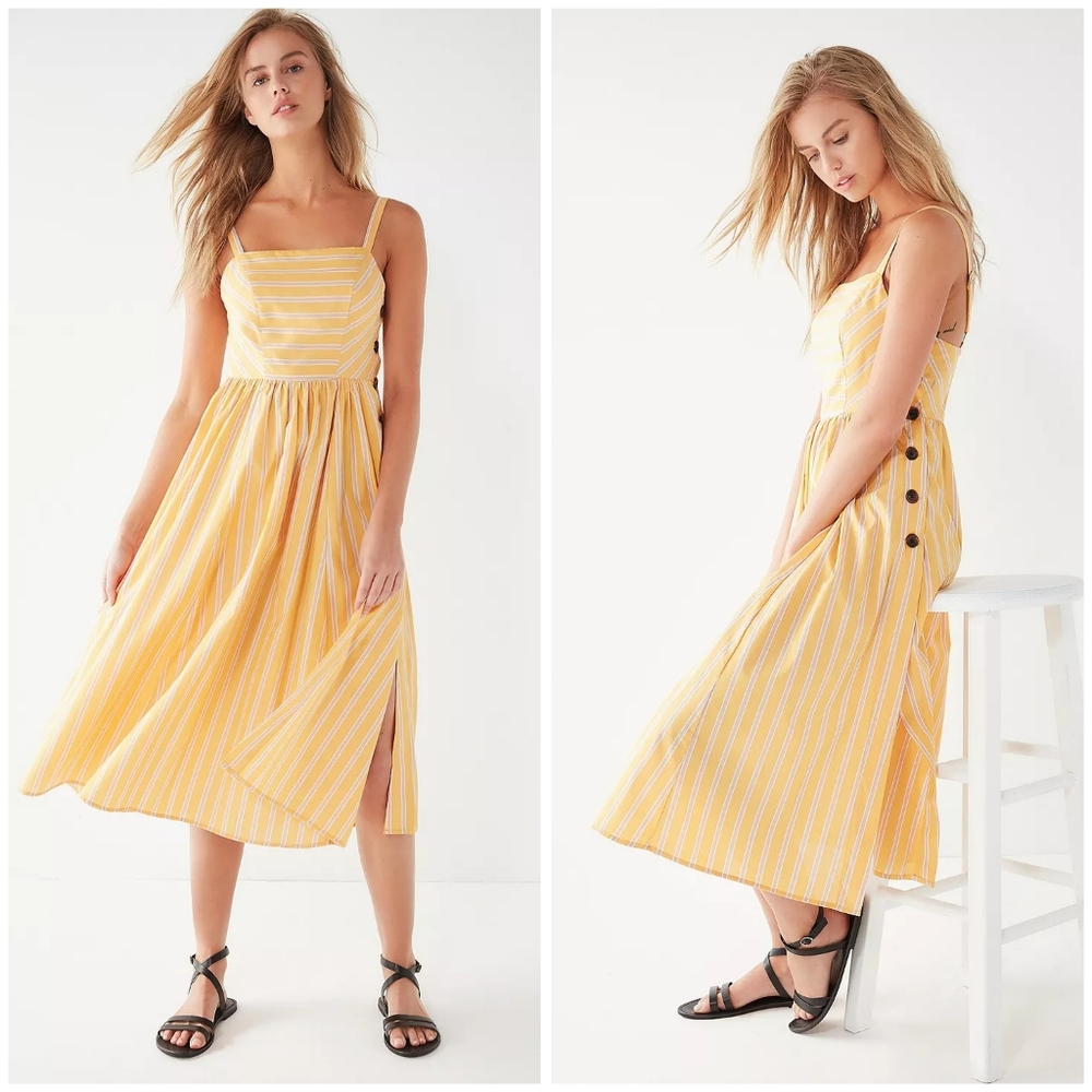 UO Kaye Yellow Stripe Square-Neck Button-Side Midi Dress Size XS